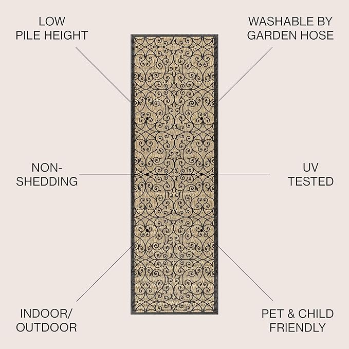 JONATHAN Y Vintage Filigree Indoor Outdoor Runner Rug 2X20 Black/Khaki - Image 2