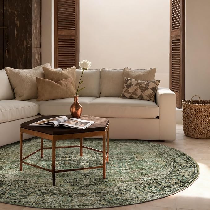 4x4 Round Bedroom Rug Washable: Living Room Rugs Stain Resistant Non Slip Low - Image 3