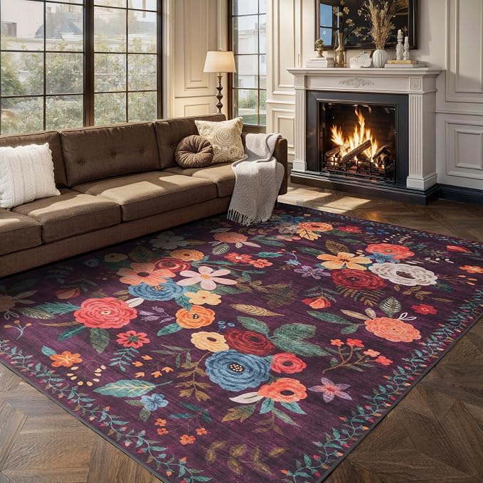 Washable Area Rug 8x10, Large Soft Floral Purple Carpet - Image 4