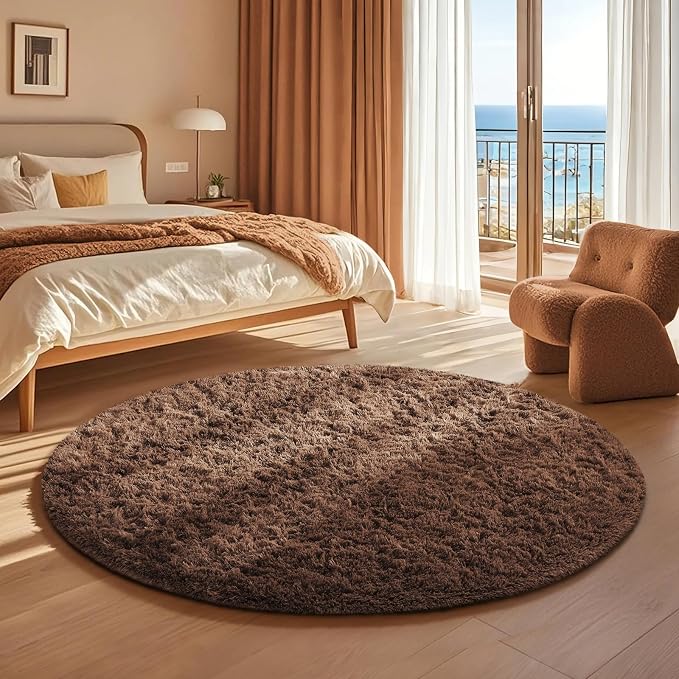 Ophanie Round Rug 4Ft Brown Circle Area Rug, Fluffy Fuzzy Small Bedroom Carpet - Image 5