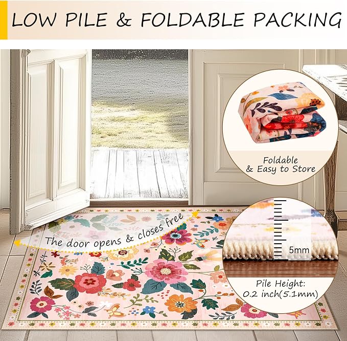 RELEANY Floral Square 4ft Area Rugs Washable Print Boho Cute Carpet Non Slip - Image 4