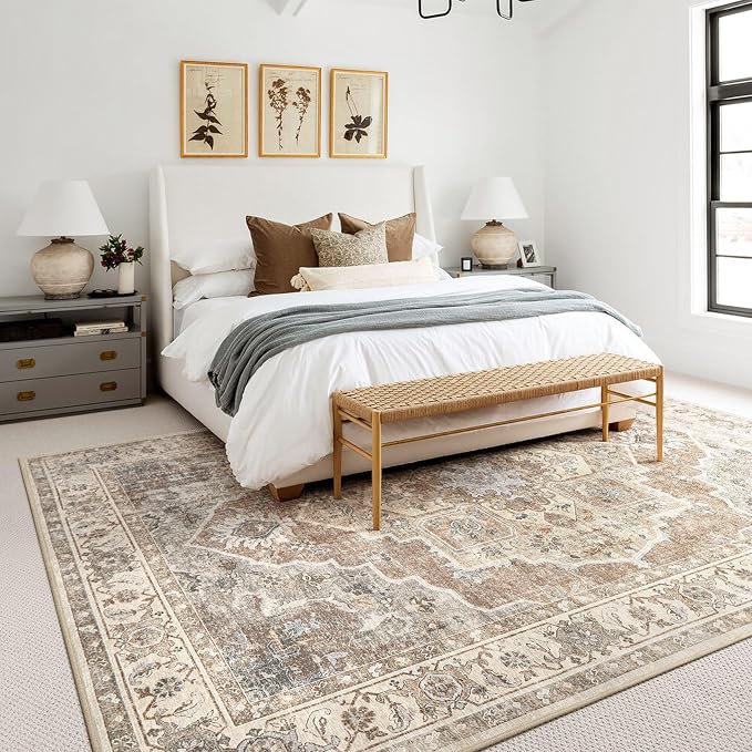 9x12 Washable Area Rug: Vintage Neutral Soft Non Slip Thin Large Floor Carpet - Image 3