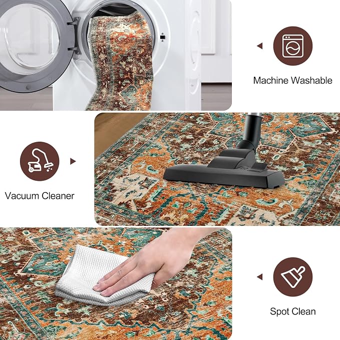 Yamaziot Washable Runner Rug, Stain Resistant & Low Pile Faux Wool Distressed - Image 4