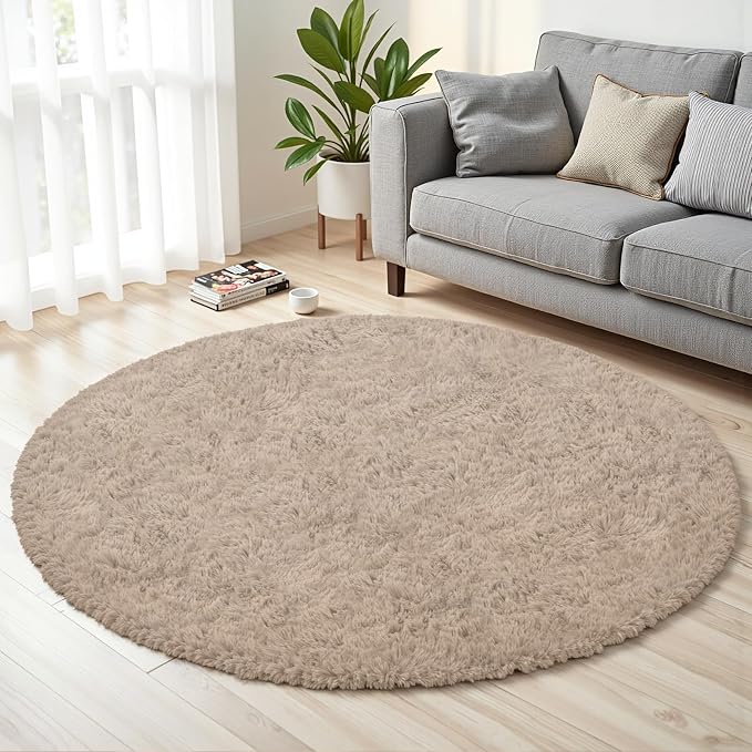 Beige Round Fluffy Rug 6ft, Soft Bedroom Circle Rugs Mats - Image 2