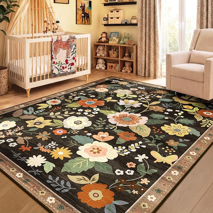 RELEANY Floral 5x7 Area Rugs Washable Print Boho Cute Carpet Non Slip Flower - Image 2