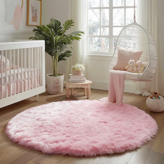 Pink Round Area Rugs 6Ft for Nursery Kids Bedroom, Large Fluffy Shag Circle Rug - Image 7