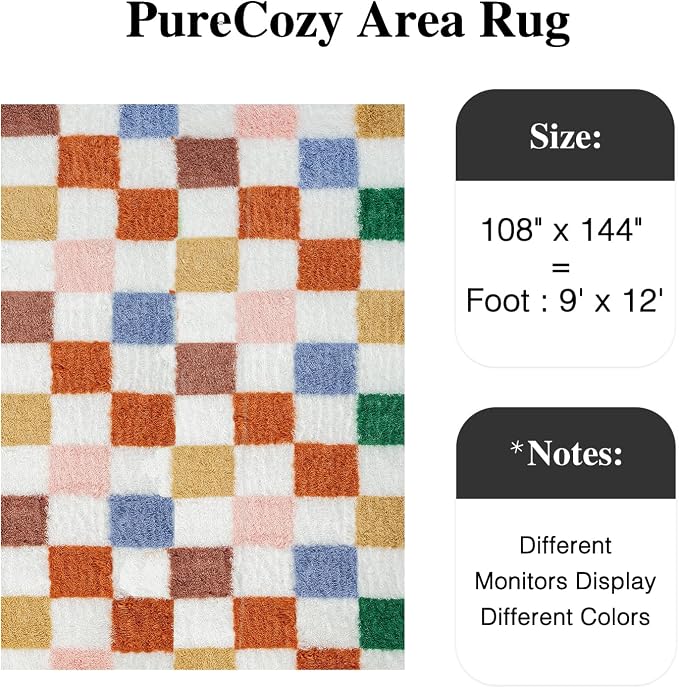 PureCozy Checkered Rug 9x12 for Living Room, Modern Neutral Shag Rug Washable - Image 3