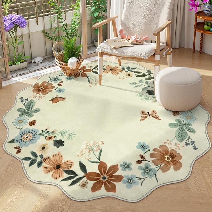 Lahome Floral Washable Round Rugs, Non-Slip Soft Round Rug 4ft Ultra-Thin by Lahome