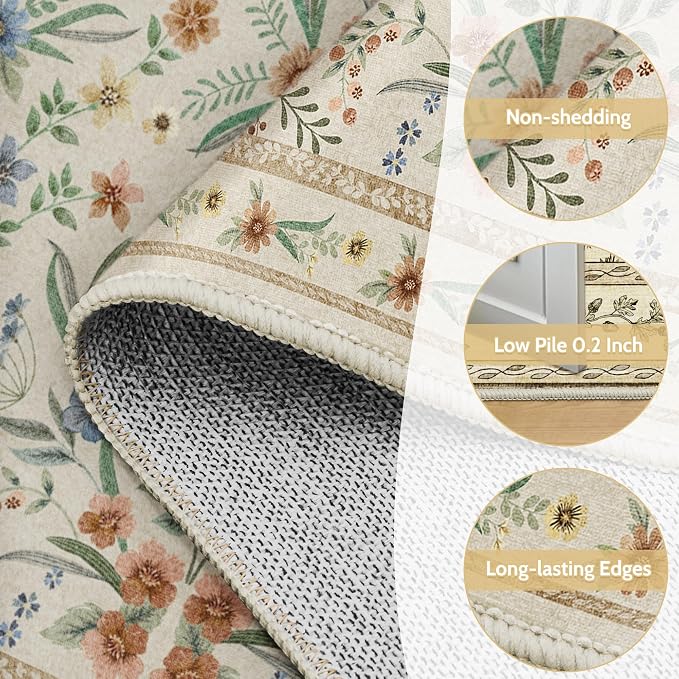 Beige Floral Area Rug 6x9, Neutral Washable Girls Bedroom Rug - Image 5