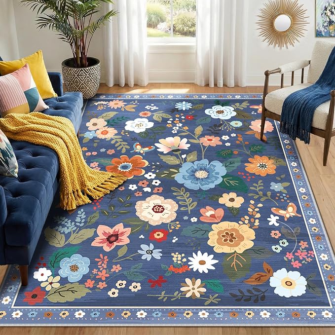 RELEANY Floral 5x8 Area Rugs Washable Print Boho Cute Carpet Non Slip Flower by RELEANY