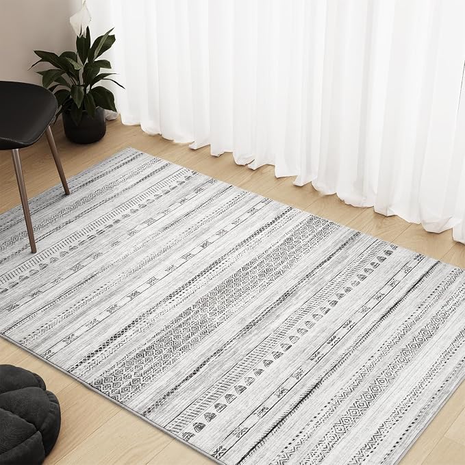 3x5 Area Rug Machine Washable Non Slip Rug Distressed Neutral Moroccan Boho Rug - Image 2