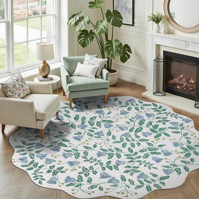 DCX Washable Botanical Floral 5x5 Roung Rug, Non Slip Low Pile Carpet by DCXWashableRug