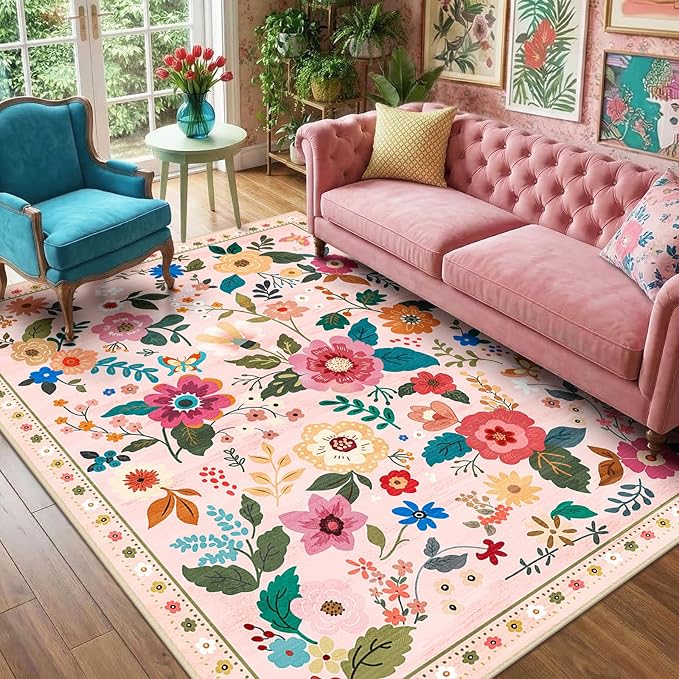 RELEANY Floral 5x7 Area Rug Machine Washable Soft Print Boho Carpet Non Slip by RELEANY