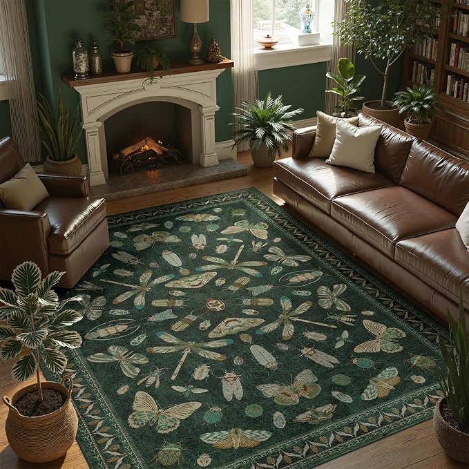 DCX 5x7 Washable Insect Rug, Vintage Gothic Dark Green Rug by DCXWashableRug