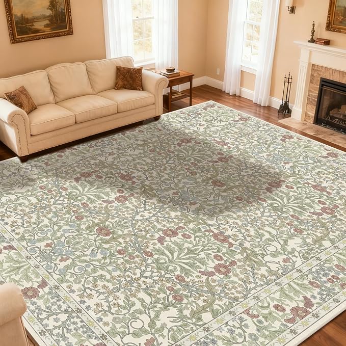 Vintage Light Green Living Room Rug, 9x12 Washable Area Rugs - Image 2