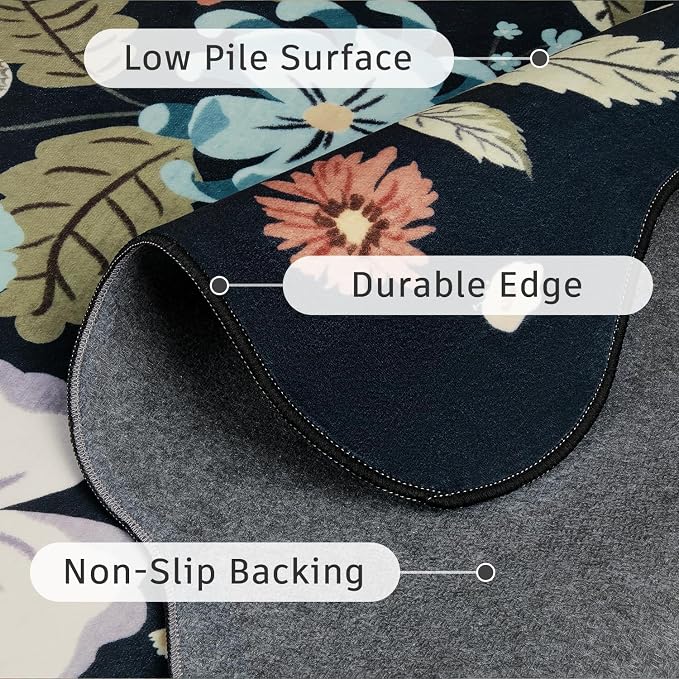 DCX Black Floral Rug 2x6, Washable Black Rug - Image 7
