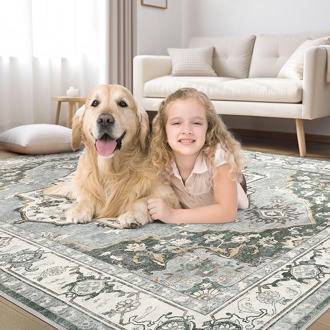 6x9 Washable Area Rug: Vintage Neutral Soft Non Slip Thin Large Floor Carpet - Image 6