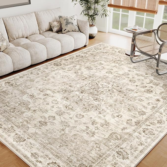 7x10 Washable Neutral Area Rug Beige Vintage Living Room Bedroom Carpet - Image 3