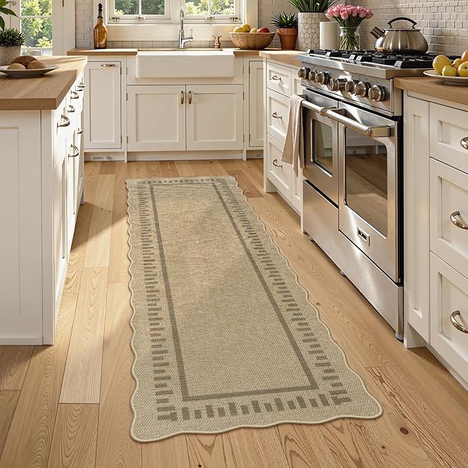 LIVEBOX Scalloped Washable 2x6 Runner Rug, Easy Jute Outdoor Rug Kitchen Tan - Image 2