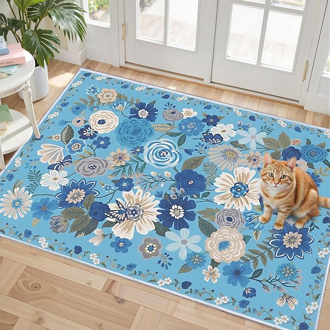 Floral Washable Rug for Entryway, 2x3 Kitchen Mat Ultra-Thin Soft, Non-Slip by WelcometoBabovid