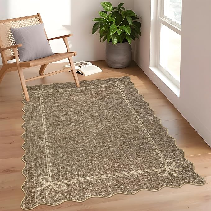 GarveeHome Scalloped Bow Rug for Living Room, Solid Brown Rug for Dorm - Image 2