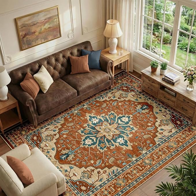 RELEANY Area Rugs 6'x8' Washable Non-Slip, Floral Vintage Distress Medallion by RELEANY