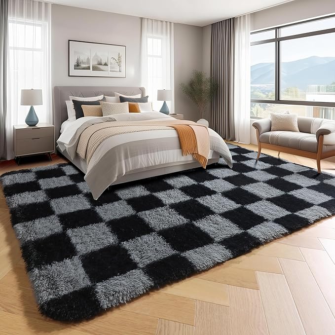 KICMOR Checkered Rugs for Living Room 5x8 Black and Grey, Fluffy Fuzzy Plush - Image 3