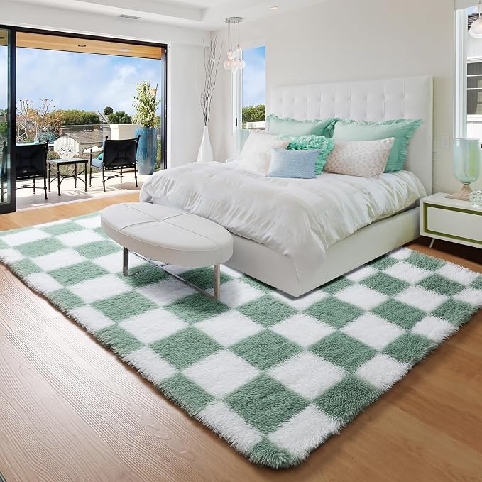 KICMOR 4x6 Rug for Bedroom Living Room, Fluffy Sage Green and White Checkered - Image 8