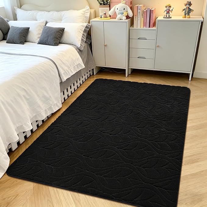 4x6 Black Washable Area Rug for Bedroom, Leaf Geometric Patter Shag Non-Slip - Image 2
