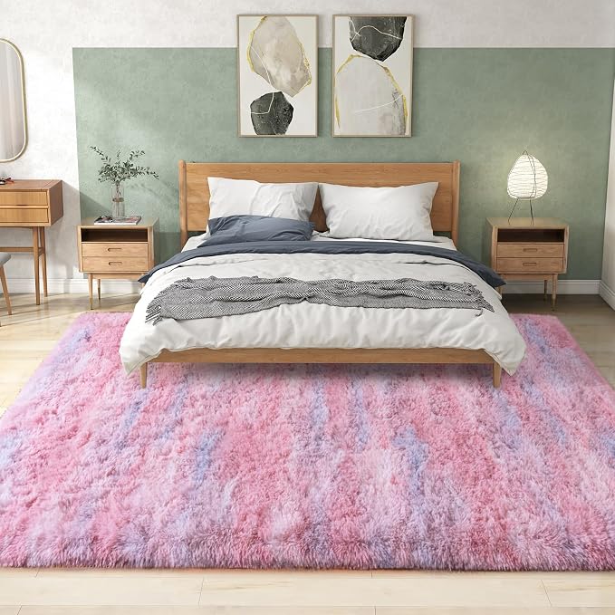 Shag Rugs for Living Room 8x10, Ultra Soft Abstract Pink Big Fuzzy Rugs for - Image 2