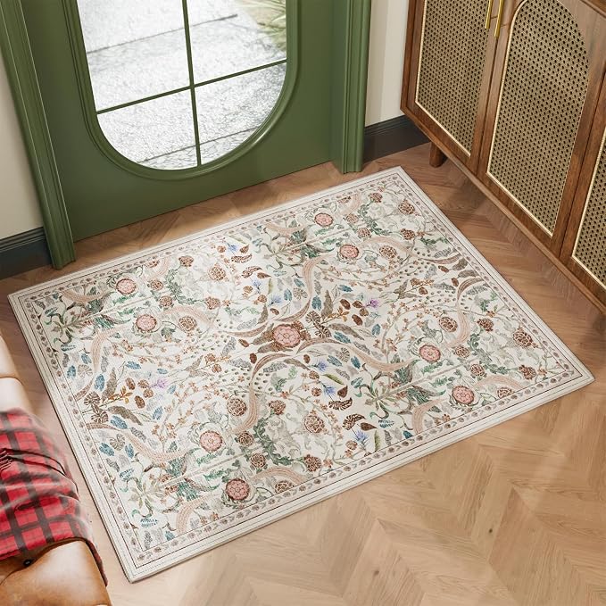 AMTOVO 2x3 Washable Entryway Area Rug Door Mat, Vintage Boho Floral Distressed by AMTOVO