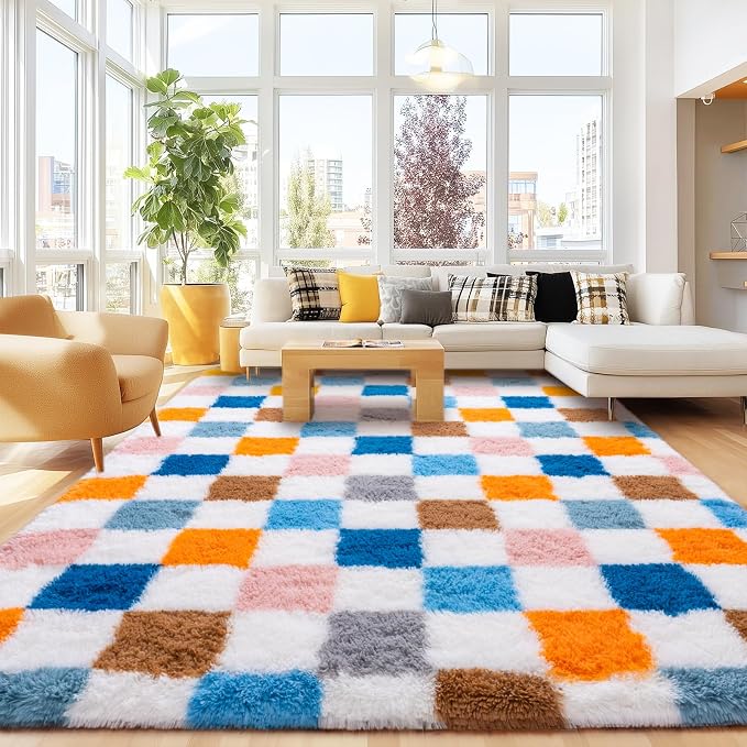 Checkered 8x10 Area Rugs for Living Room, Ultra Soft Fluffy Large Shaggy Rug by Awaytail