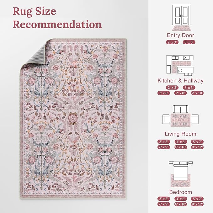 AMTOVO 5x7 Washable Area Rugs for Living Room, Vintage Boho Floral Distressed - Image 9