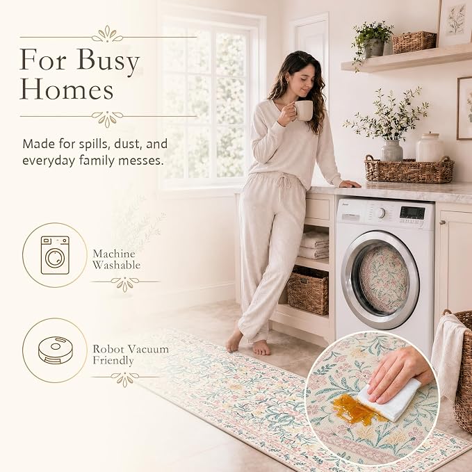 Wonnitar Floral Large Rugs for Living Room, Soft Light Pink Rug Washable 9x12 - Image 5
