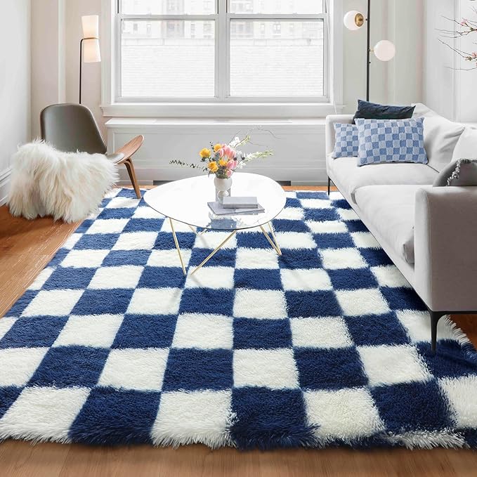 KICMOR Rugs for Living Room, Soft Fluffy Checkered Shag 5x8 Area Rug Large Big by KICMOR