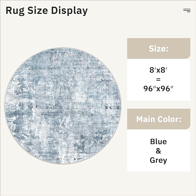 Soalmost 8x8 Blue/Grey Round Rug 8ft Living Room Circle Rug Vintage Round Area - Image 5