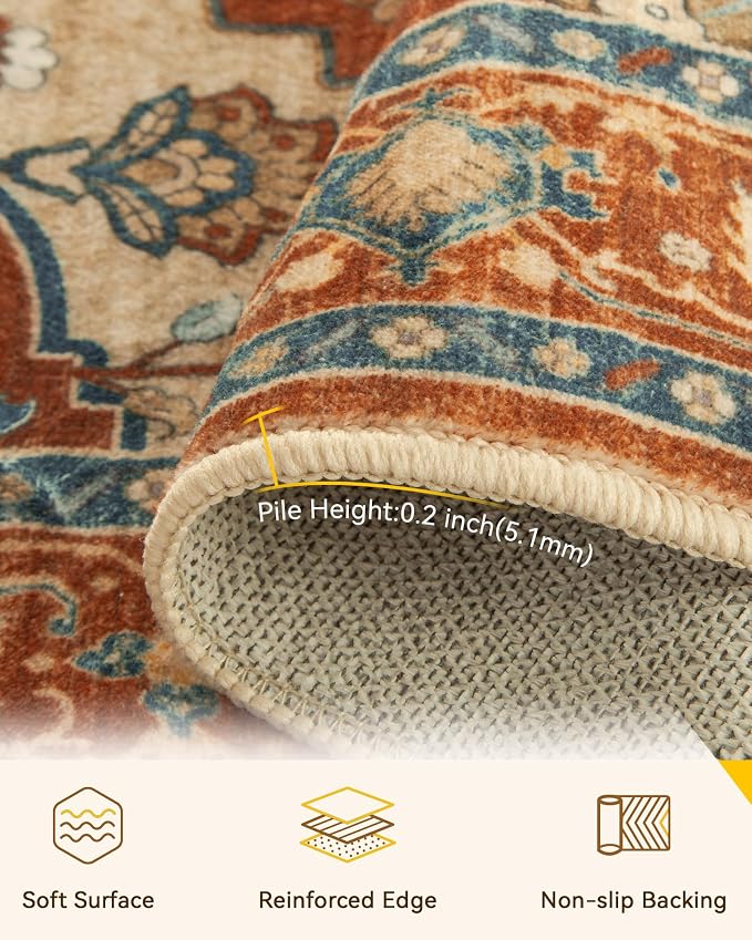 RELEANY Area Rugs Round 8ft Washable Non-Slip, Floral Vintage Distress - Image 4