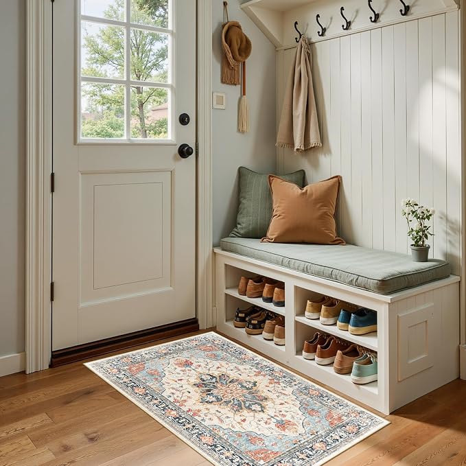 RELEANY Area Rugs Small 2'x4' Washable Non-Slip, Floral Vintage Distress by RELEANY