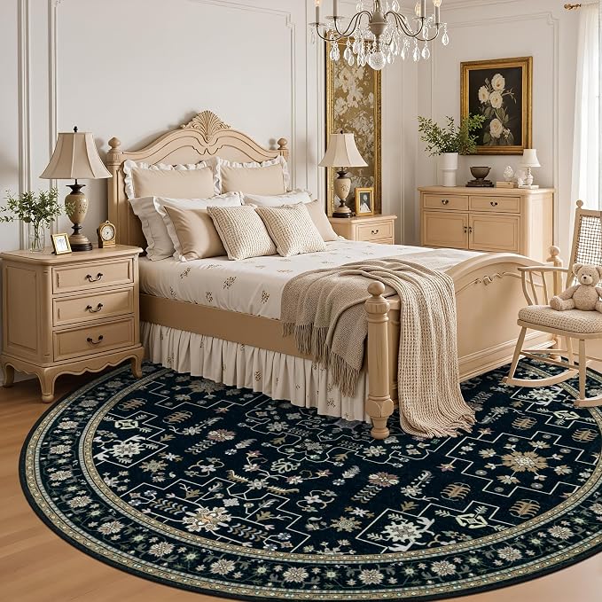 Round Area Rug for Living Room: 8 ft Washable Vintage Boho Soft Thin Circle Rug - Image 4
