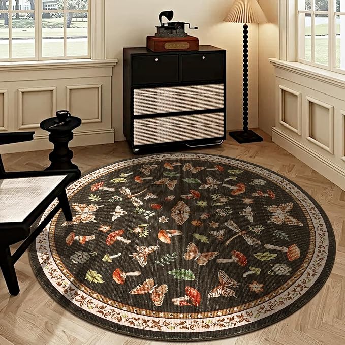 Mushroom Insect 5ft Round Rug Washable Non-Slip Soft Ultra-Thin Small Boho - Image 3