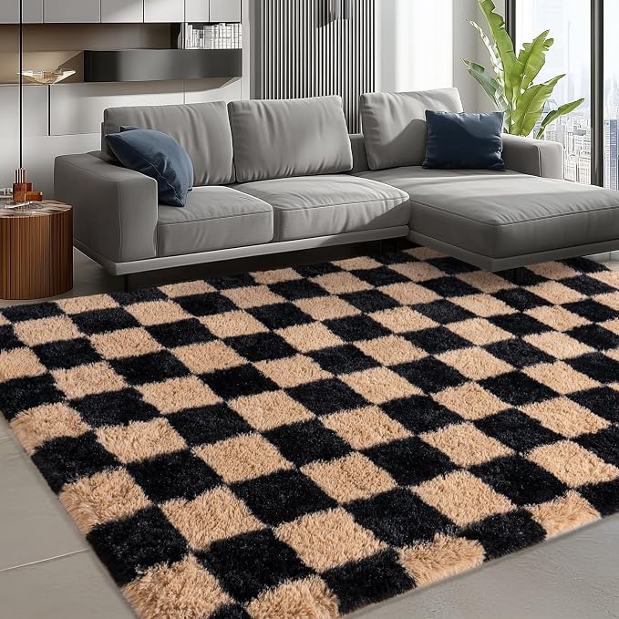 Shag Rugs for Living Room 8x10, Ultra Soft Checkered Black Beige Big Fuzzy Rugs - Image 2