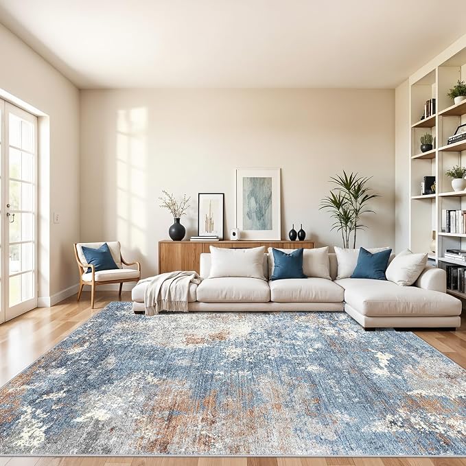 Washable Area Rug 9x12 Living Room – Neutral Modern Abstract Large Carpet by BYYVOORugsforYourHome