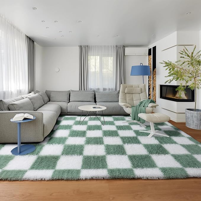 KICMOR Fluffy Sage Green and White Rugs Living Room Carpet, 5x7 Large Fuzzy - Image 8