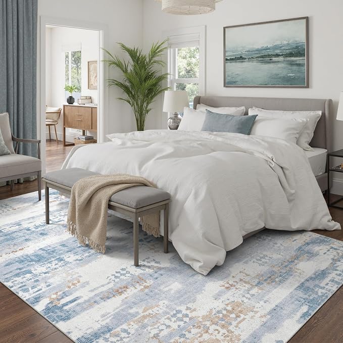 DCX Abstract Area Rug 9x12, Washable Blue Modern Rug - Image 4
