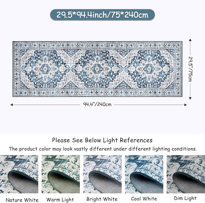 Moynesa Blue Vintage Floral Medallion Runner Rug, Machine Washable, Pet Friendly - Image 2
