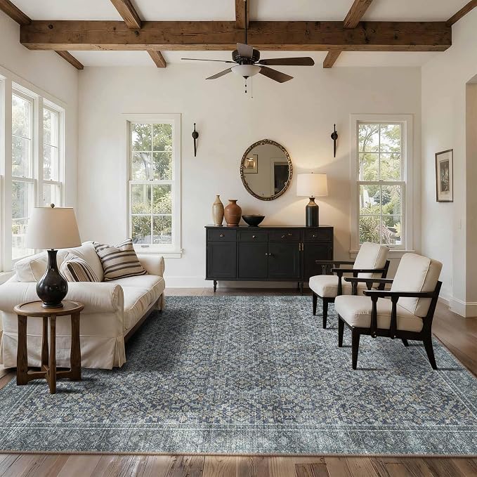 Latte&Fog 8x10 Area Rugs for Living Room, Large Vintage Blue Washable Rug by LatteFog