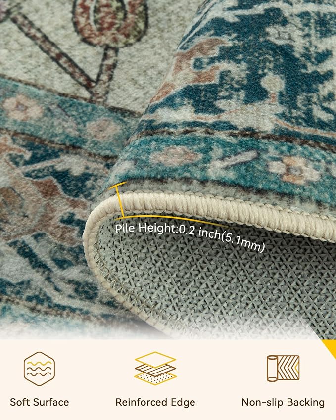 RELEANY Area Rugs Round 7ft Washable Non-Slip, Floral Vintage Distress - Image 3