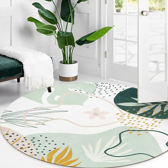 Lahome Green Washable Round Rug - 7Ft Round Area Rug - Image 4