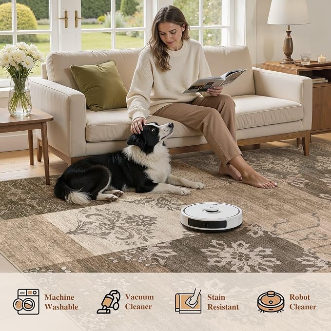 UERMEI 8x10 Area Rug for Living Room, Washable Brown Modern Geometric Patchwork - Image 5