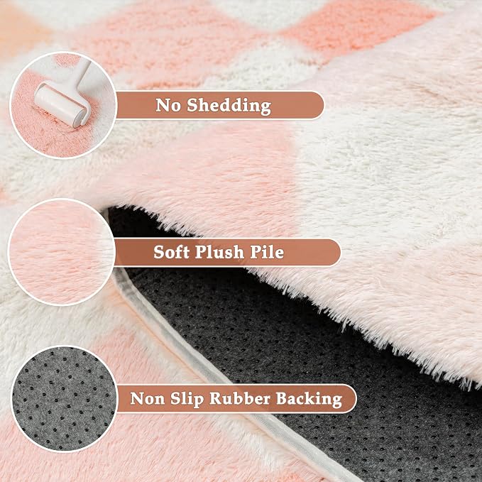 PureCozy Checkered Rug 9x12 Fluffy Shag Living Room Pink Area Rug Modern - Image 6